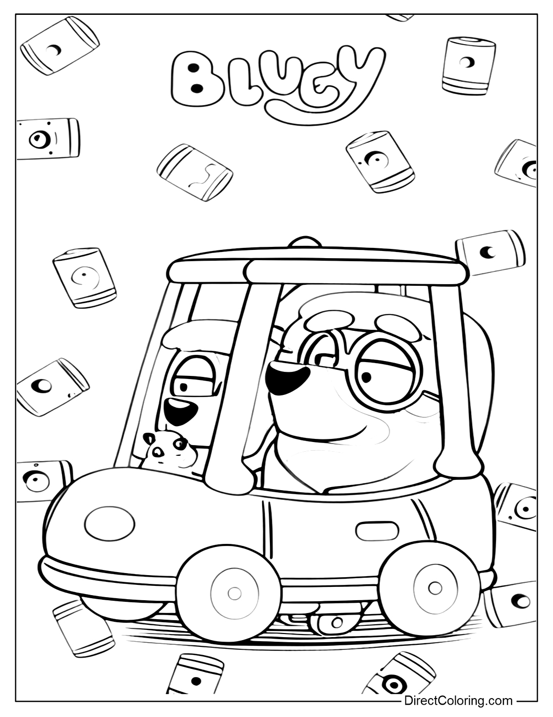 Bluey and Bingo Driving Coloring Page